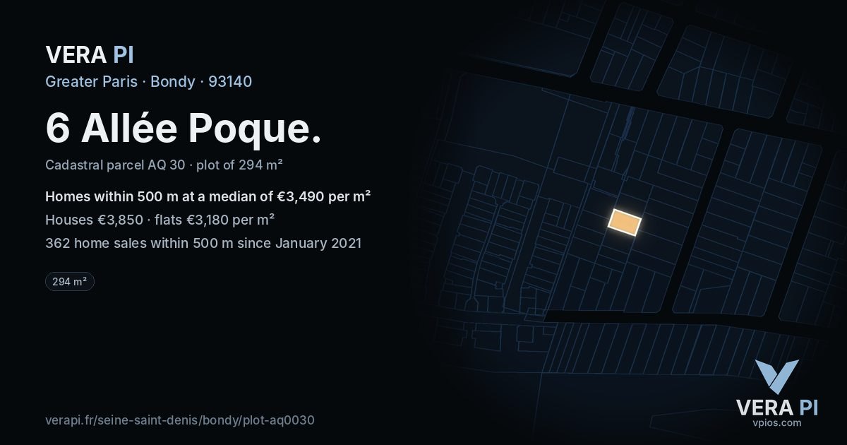 6 Allée Poque, Bondy at night – the plot lit, the parcels around coloured by the prices near them