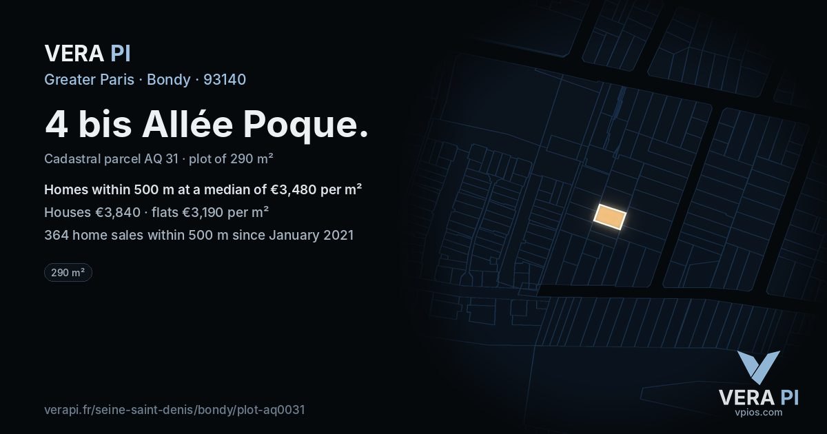4 bis Allée Poque, Bondy at night – the plot lit, the parcels around coloured by the prices near them