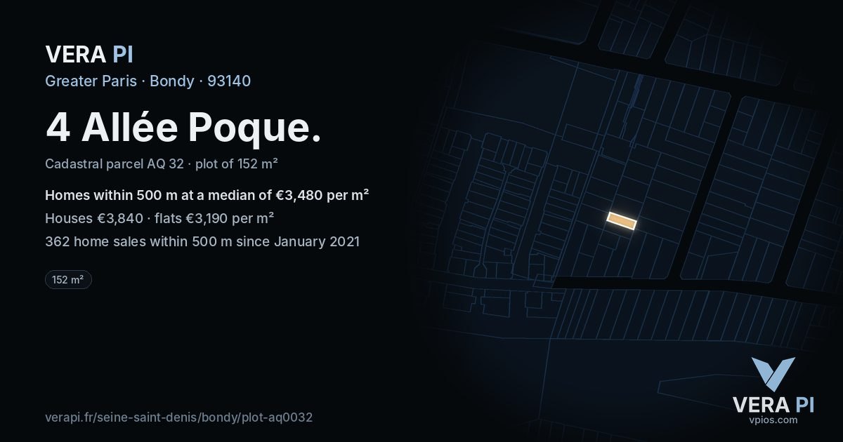 4 Allée Poque, Bondy at night – the plot lit, the parcels around coloured by the prices near them