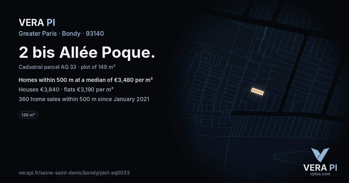 2 bis Allée Poque, Bondy at night – the plot lit, the parcels around coloured by the prices near them