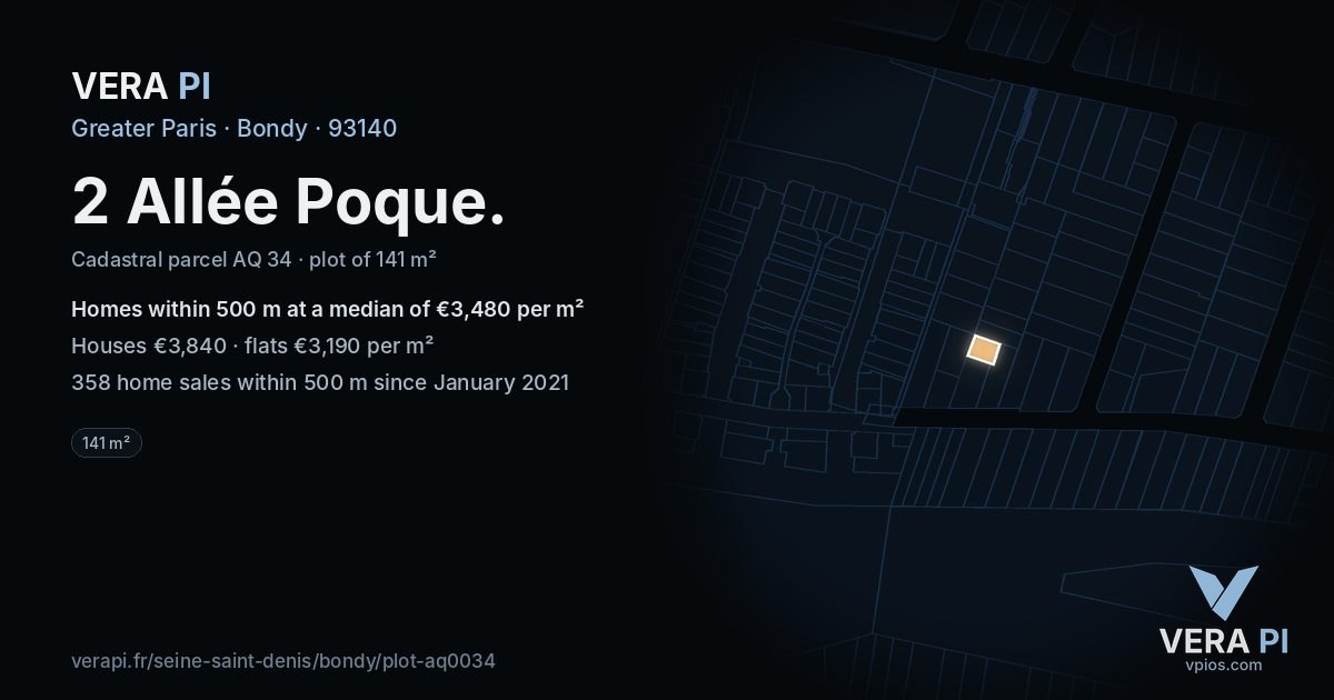 2 Allée Poque, Bondy at night – the plot lit, the parcels around coloured by the prices near them