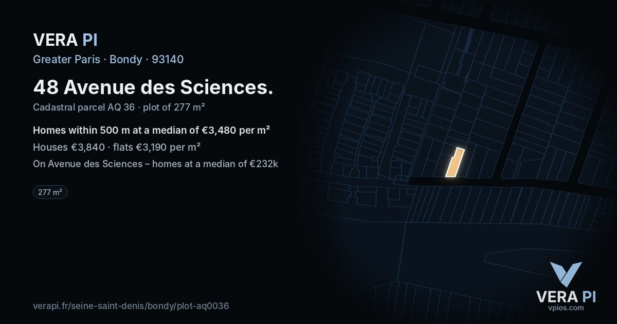 48 Avenue des Sciences, Bondy at night – the plot lit, the parcels around coloured by the prices near them