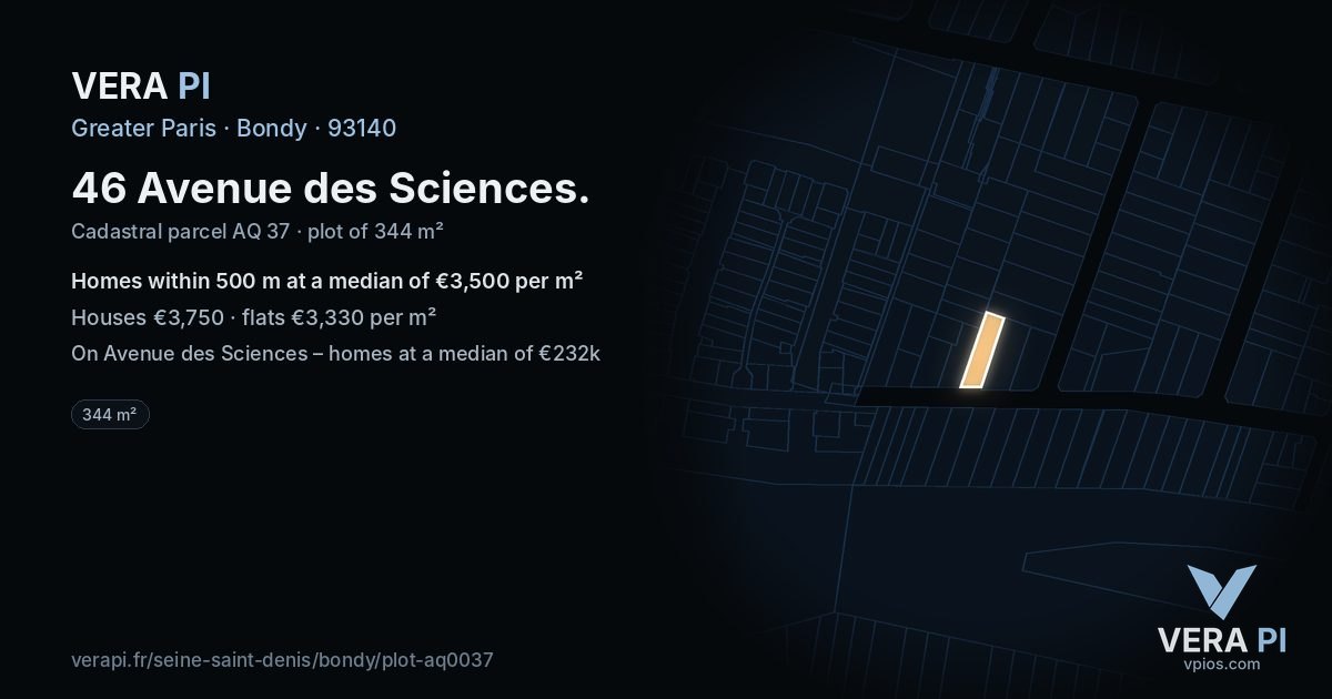 46 Avenue des Sciences, Bondy at night – the plot lit, the parcels around coloured by the prices near them