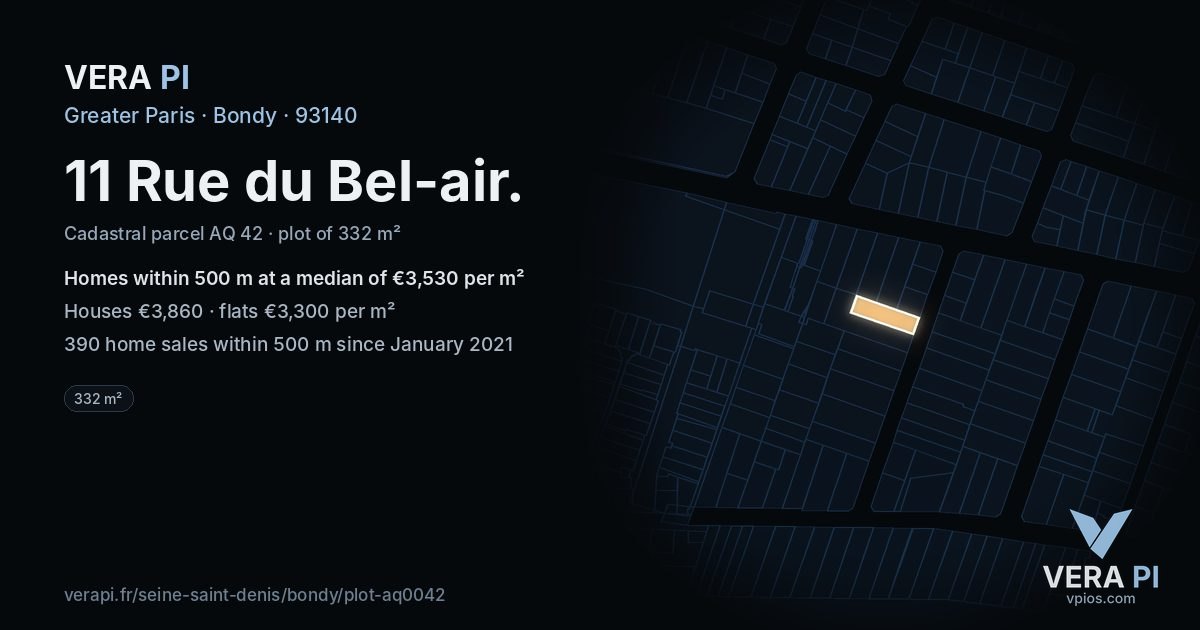 11 Rue du Bel-air, Bondy at night – the plot lit, the parcels around coloured by the prices near them