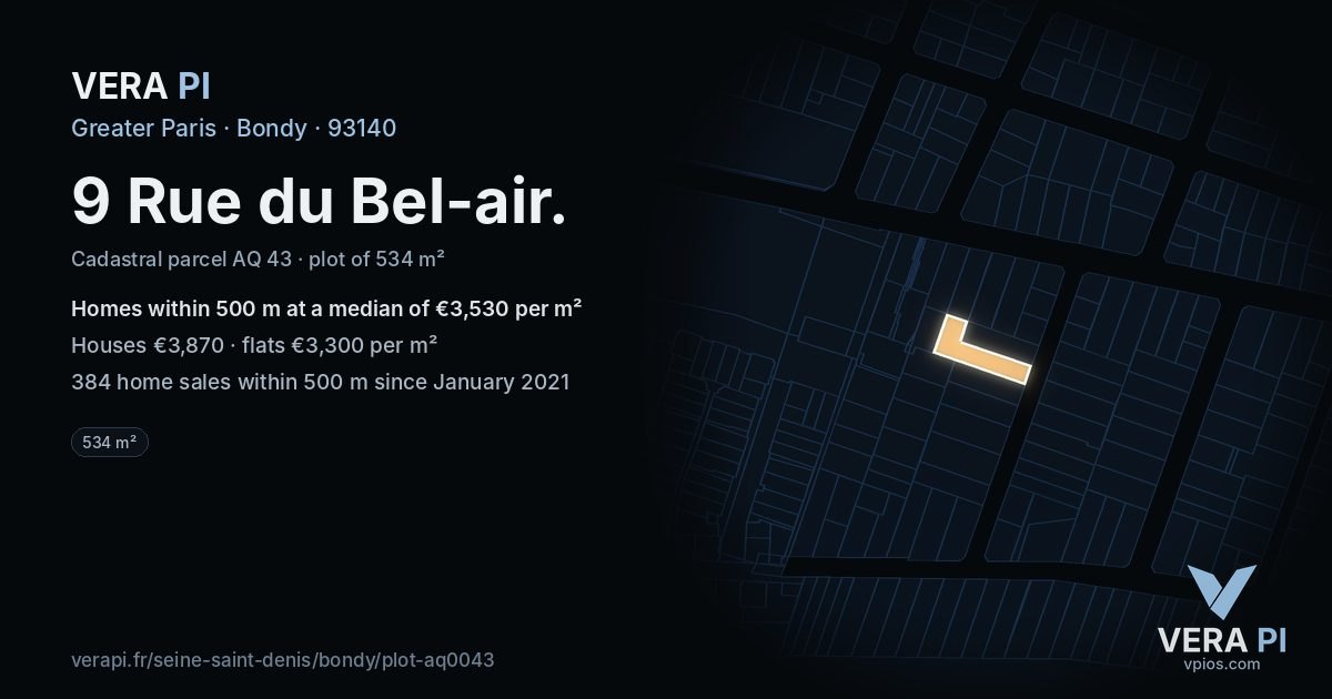 9 Rue du Bel-air, Bondy at night – the plot lit, the parcels around coloured by the prices near them
