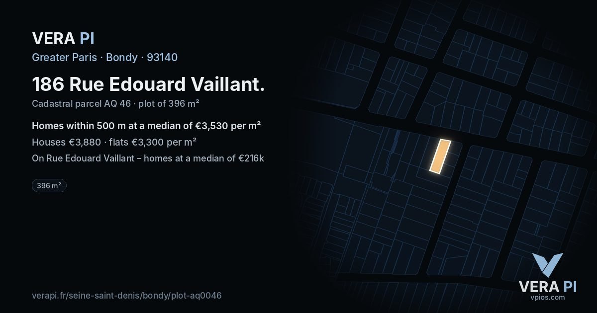 186 Rue Edouard Vaillant, Bondy at night – the plot lit, the parcels around coloured by the prices near them