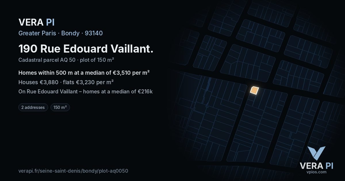 190 Rue Edouard Vaillant, Bondy at night – the plot lit, the parcels around coloured by the prices near them