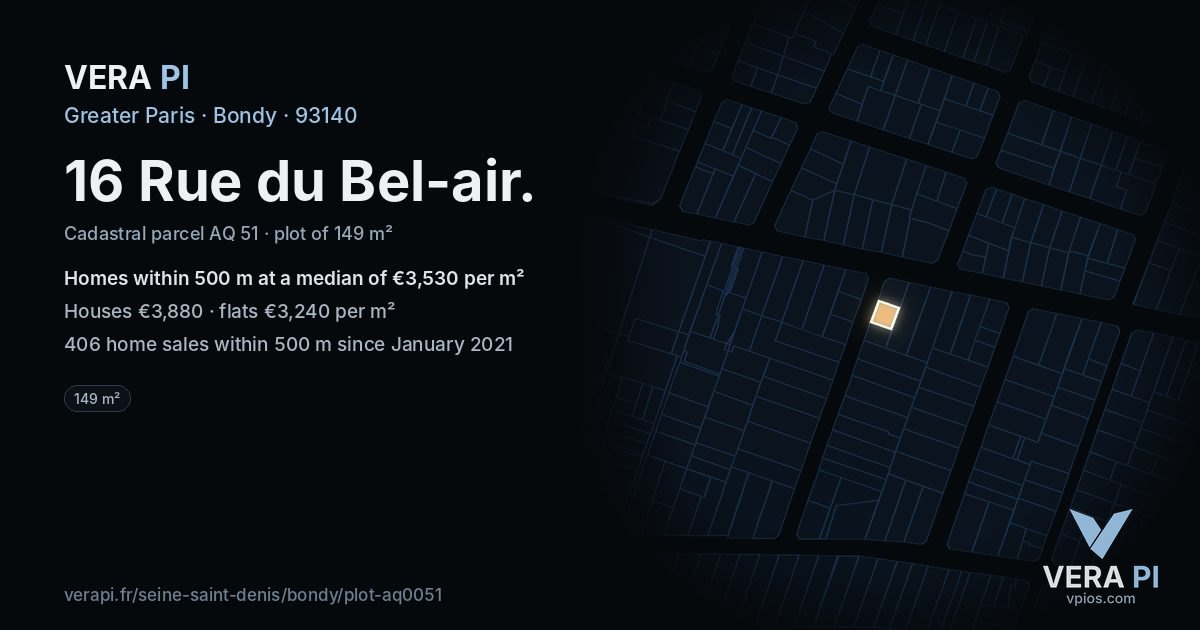 16 Rue du Bel-air, Bondy at night – the plot lit, the parcels around coloured by the prices near them