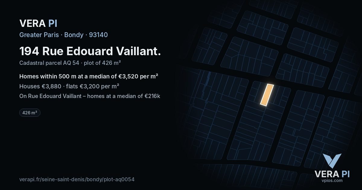 194 Rue Edouard Vaillant, Bondy at night – the plot lit, the parcels around coloured by the prices near them
