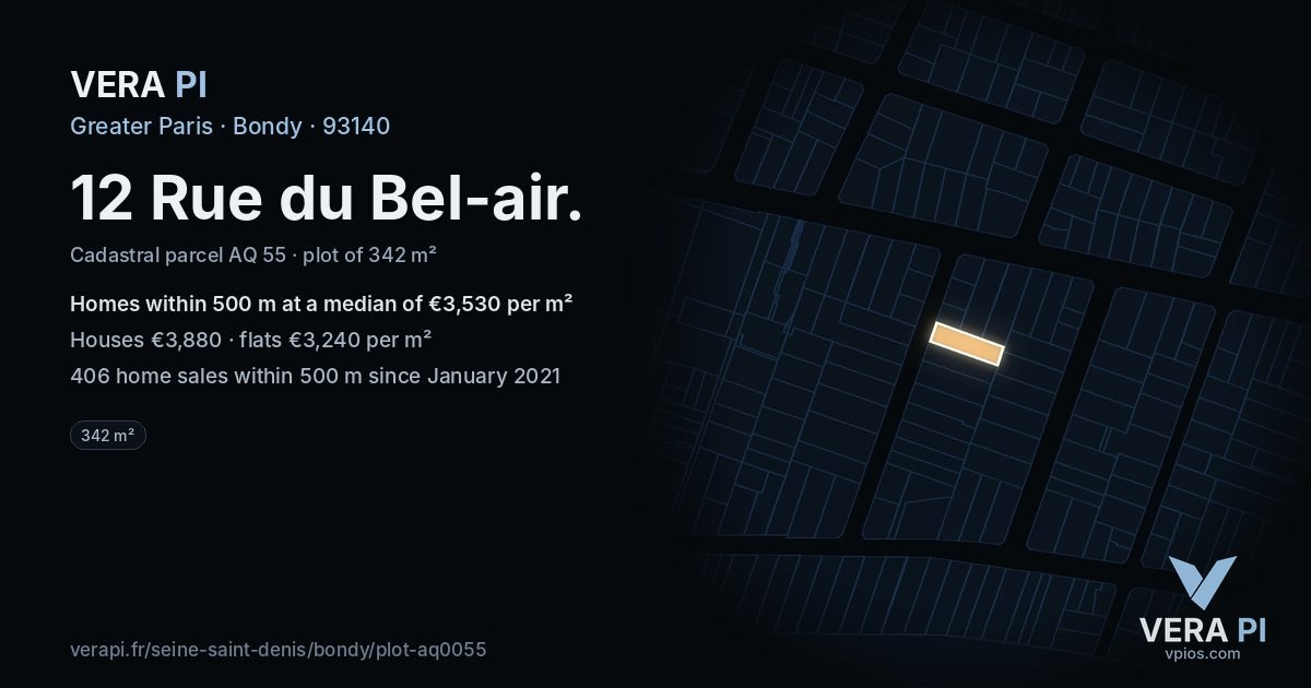 12 Rue du Bel-air, Bondy at night – the plot lit, the parcels around coloured by the prices near them
