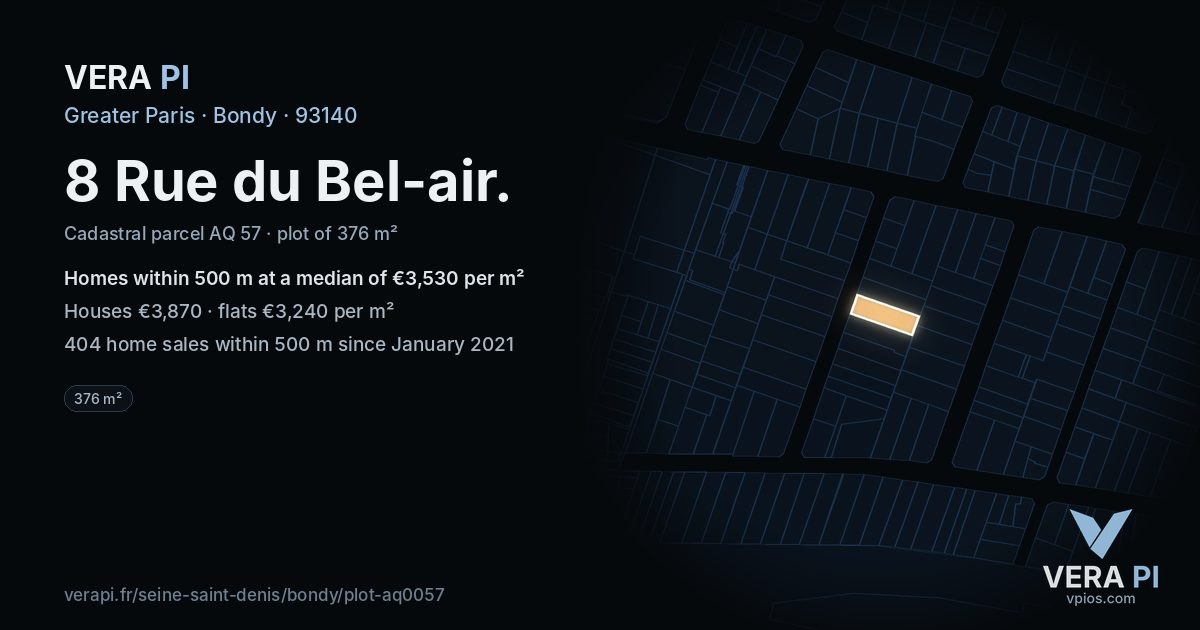 8 Rue du Bel-air, Bondy at night – the plot lit, the parcels around coloured by the prices near them