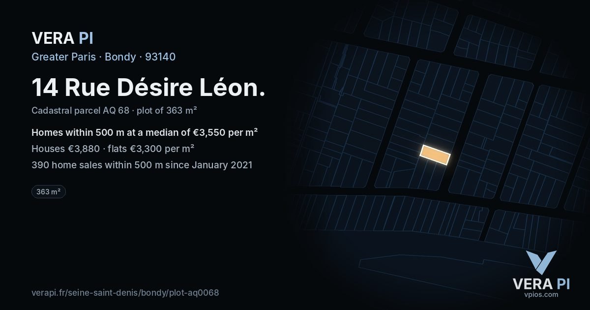 14 Rue Désire Léon, Bondy at night – the plot lit, the parcels around coloured by the prices near them
