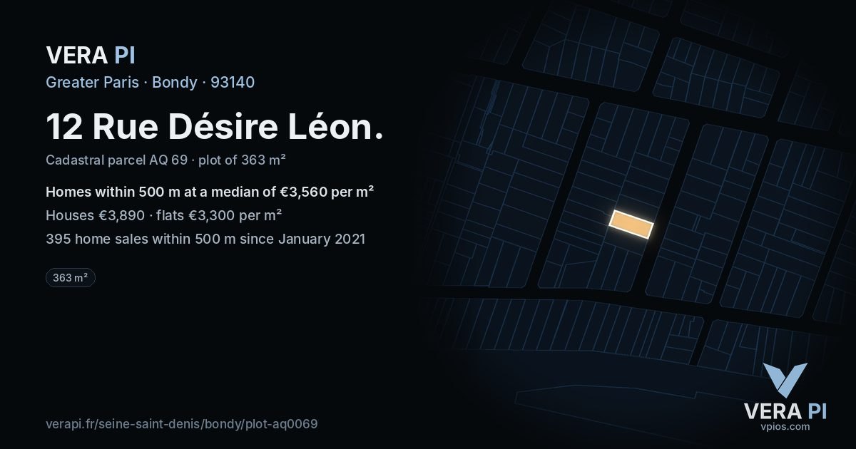 12 Rue Désire Léon, Bondy at night – the plot lit, the parcels around coloured by the prices near them