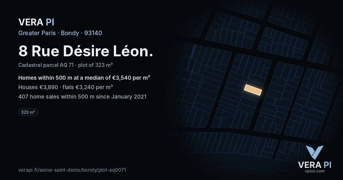 8 Rue Désire Léon, Bondy at night – the plot lit, the parcels around coloured by the prices near them