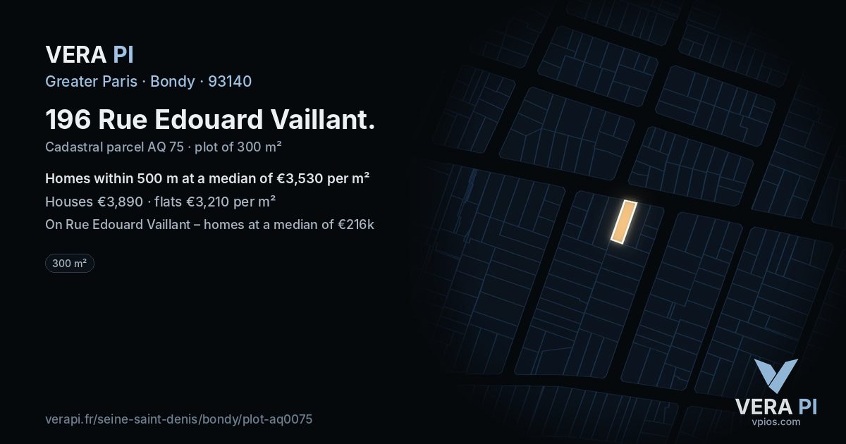 196 Rue Edouard Vaillant, Bondy at night – the plot lit, the parcels around coloured by the prices near them