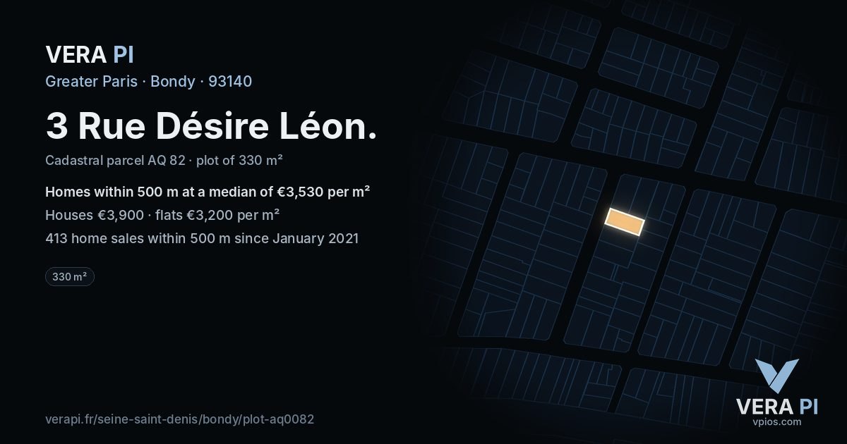 3 Rue Désire Léon, Bondy at night – the plot lit, the parcels around coloured by the prices near them