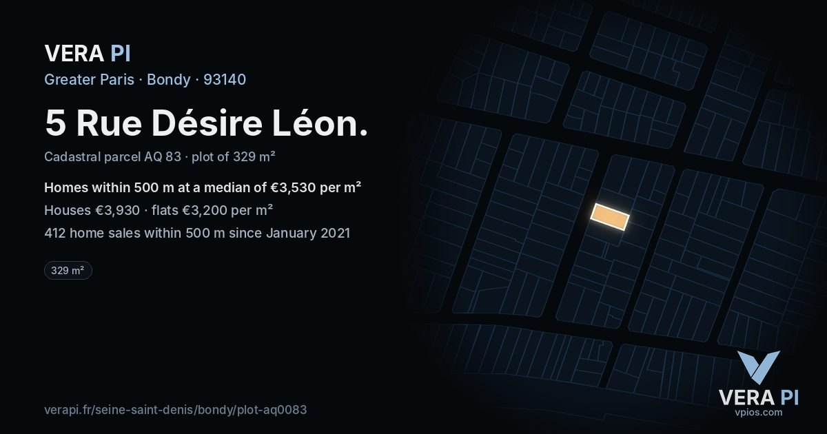 5 Rue Désire Léon, Bondy at night – the plot lit, the parcels around coloured by the prices near them