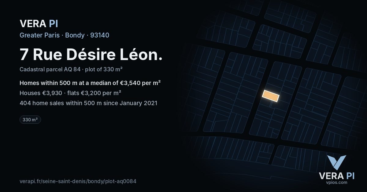 7 Rue Désire Léon, Bondy at night – the plot lit, the parcels around coloured by the prices near them