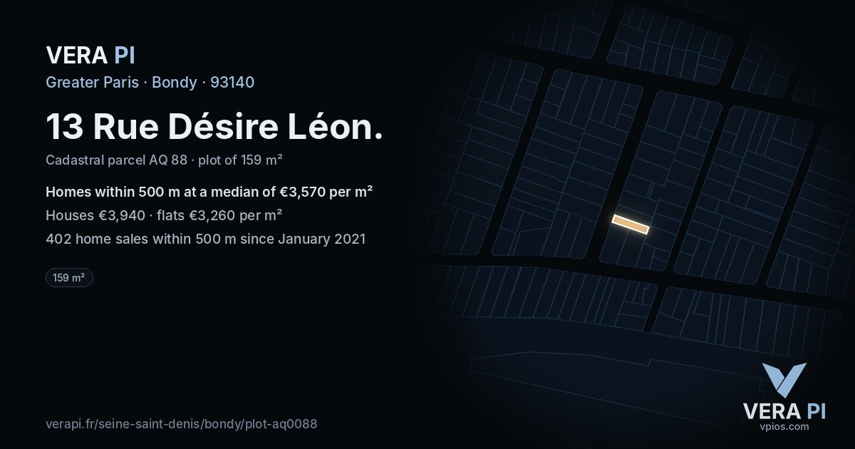 13 Rue Désire Léon, Bondy at night – the plot lit, the parcels around coloured by the prices near them