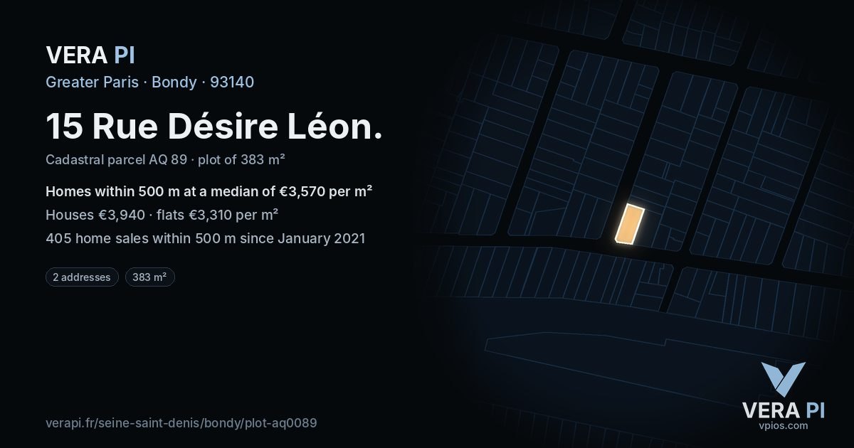 15 Rue Désire Léon, Bondy at night – the plot lit, the parcels around coloured by the prices near them