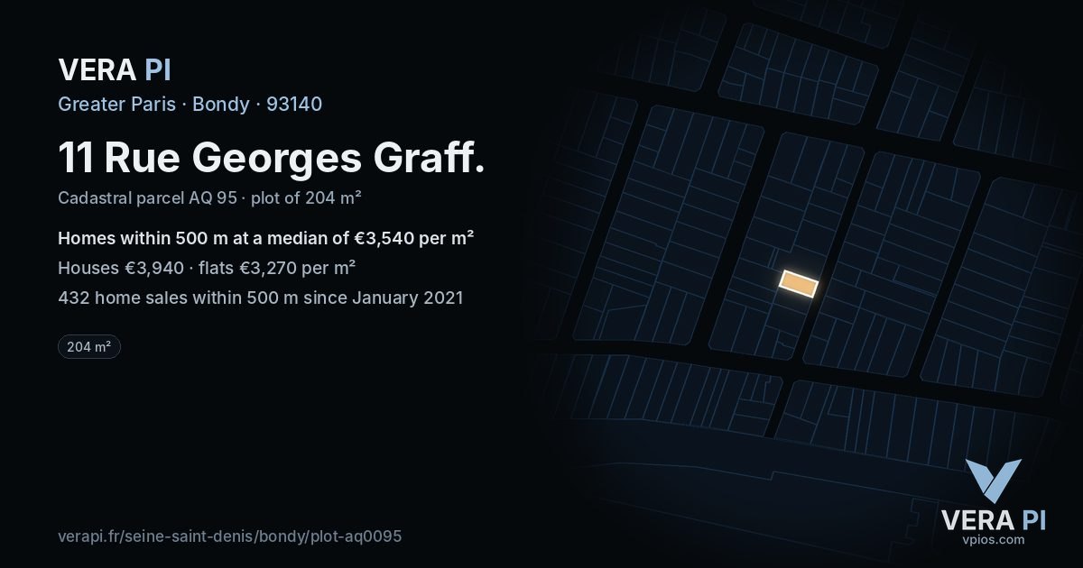 11 Rue Georges Graff, Bondy at night – the plot lit, the parcels around coloured by the prices near them