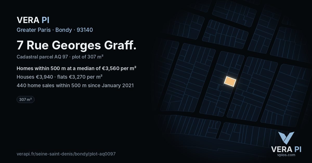 7 Rue Georges Graff, Bondy at night – the plot lit, the parcels around coloured by the prices near them
