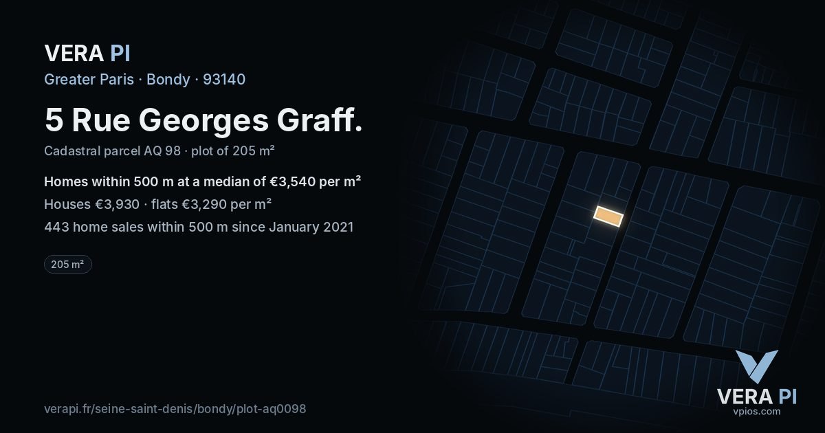 5 Rue Georges Graff, Bondy at night – the plot lit, the parcels around coloured by the prices near them