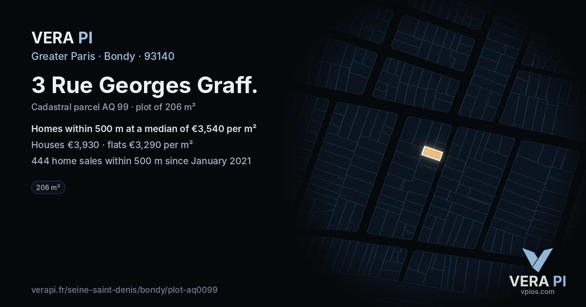 3 Rue Georges Graff, Bondy at night – the plot lit, the parcels around coloured by the prices near them