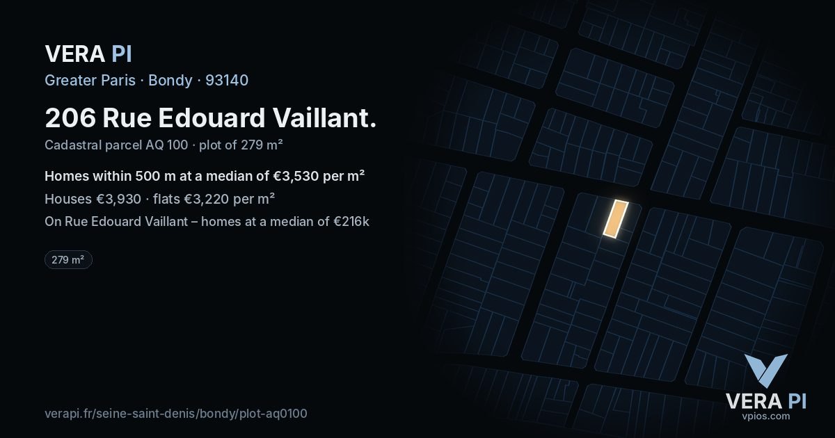 206 Rue Edouard Vaillant, Bondy at night – the plot lit, the parcels around coloured by the prices near them