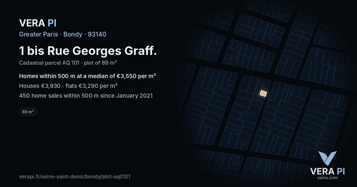 1 bis Rue Georges Graff, Bondy at night – the plot lit, the parcels around coloured by the prices near them