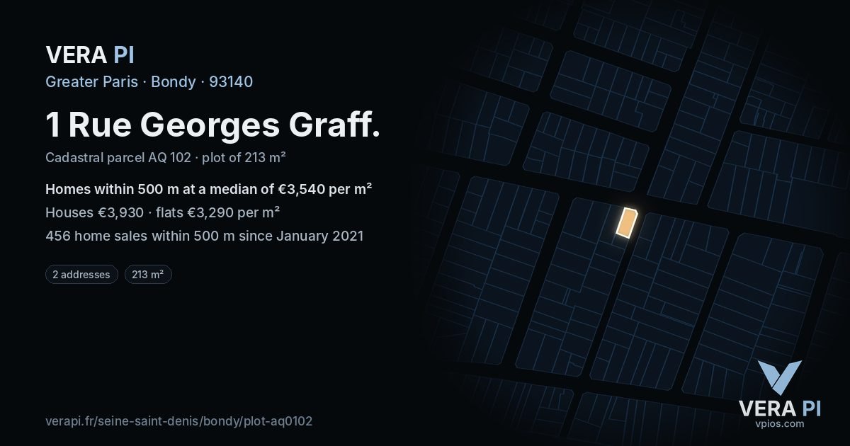 1 Rue Georges Graff, Bondy at night – the plot lit, the parcels around coloured by the prices near them