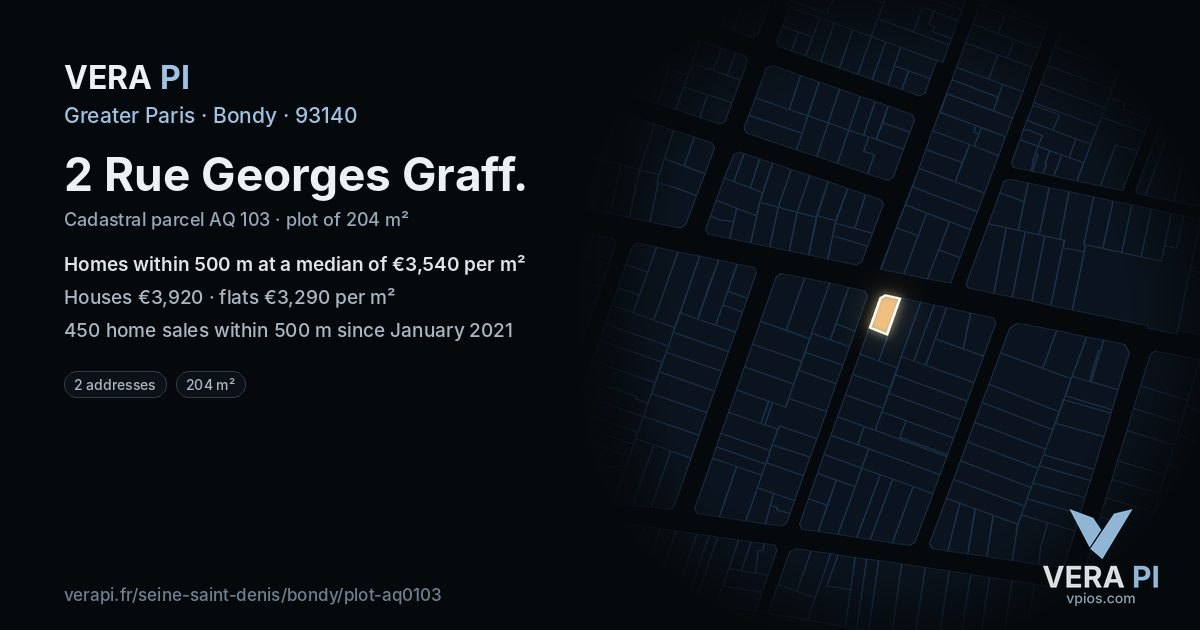 2 Rue Georges Graff, Bondy at night – the plot lit, the parcels around coloured by the prices near them
