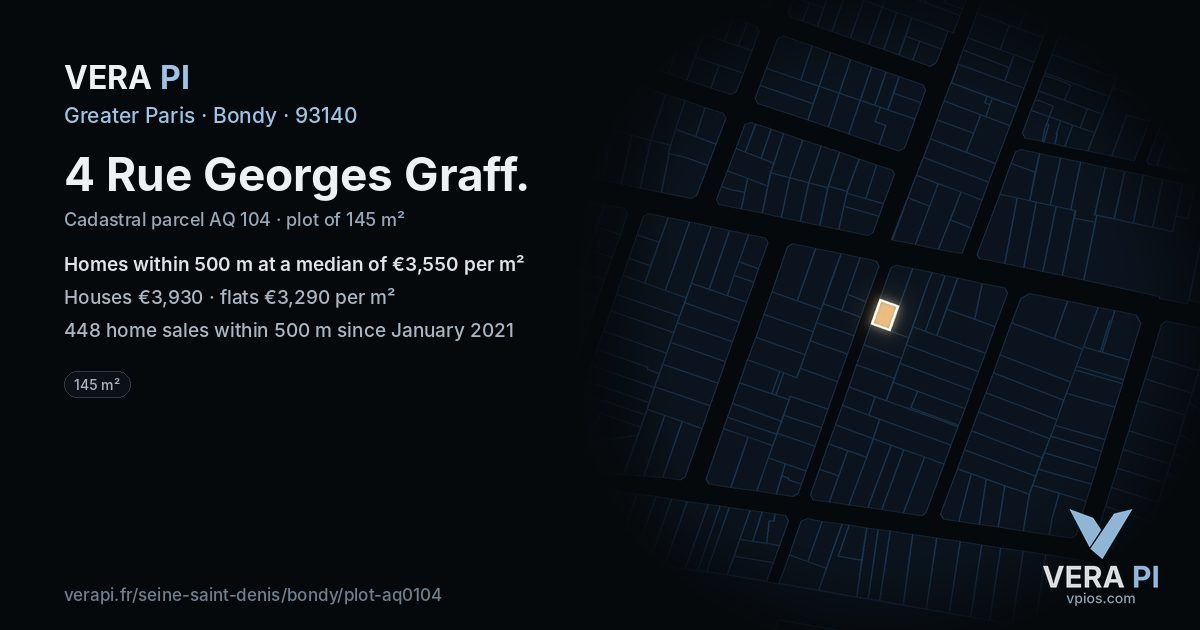 4 Rue Georges Graff, Bondy at night – the plot lit, the parcels around coloured by the prices near them
