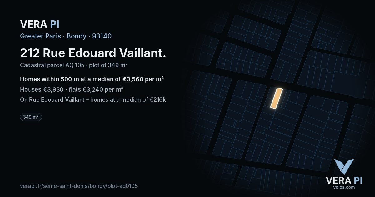 212 Rue Edouard Vaillant, Bondy at night – the plot lit, the parcels around coloured by the prices near them