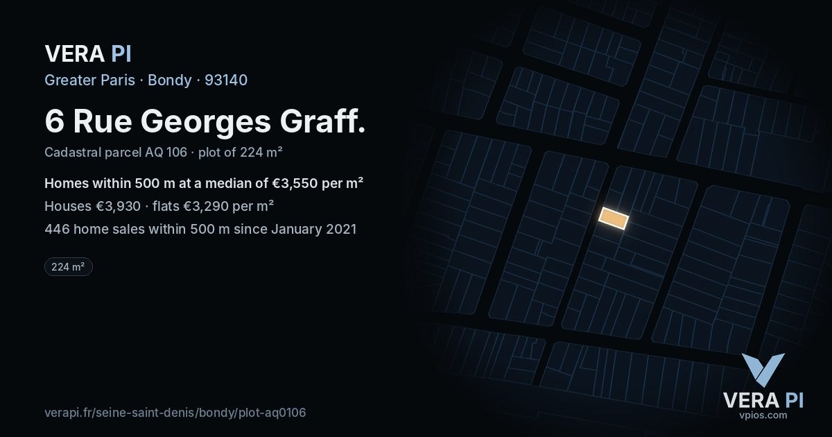6 Rue Georges Graff, Bondy at night – the plot lit, the parcels around coloured by the prices near them