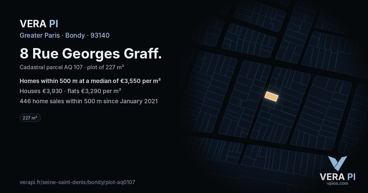 8 Rue Georges Graff, Bondy at night – the plot lit, the parcels around coloured by the prices near them