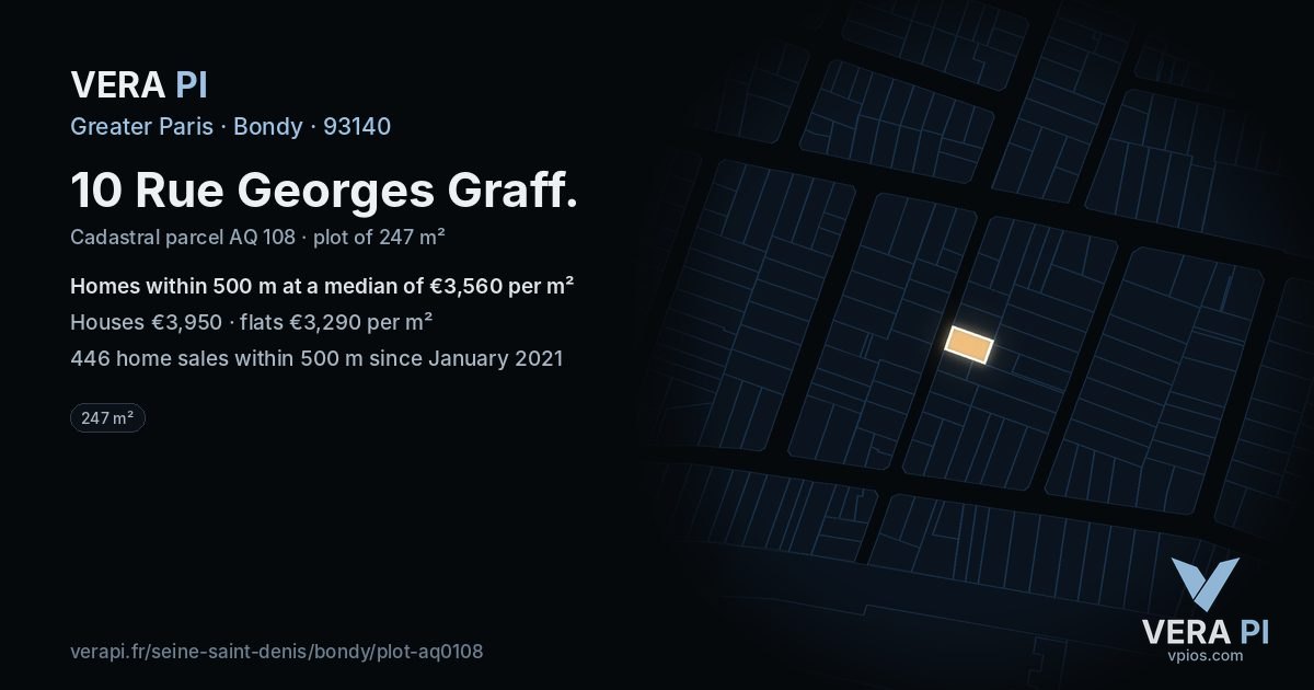10 Rue Georges Graff, Bondy at night – the plot lit, the parcels around coloured by the prices near them