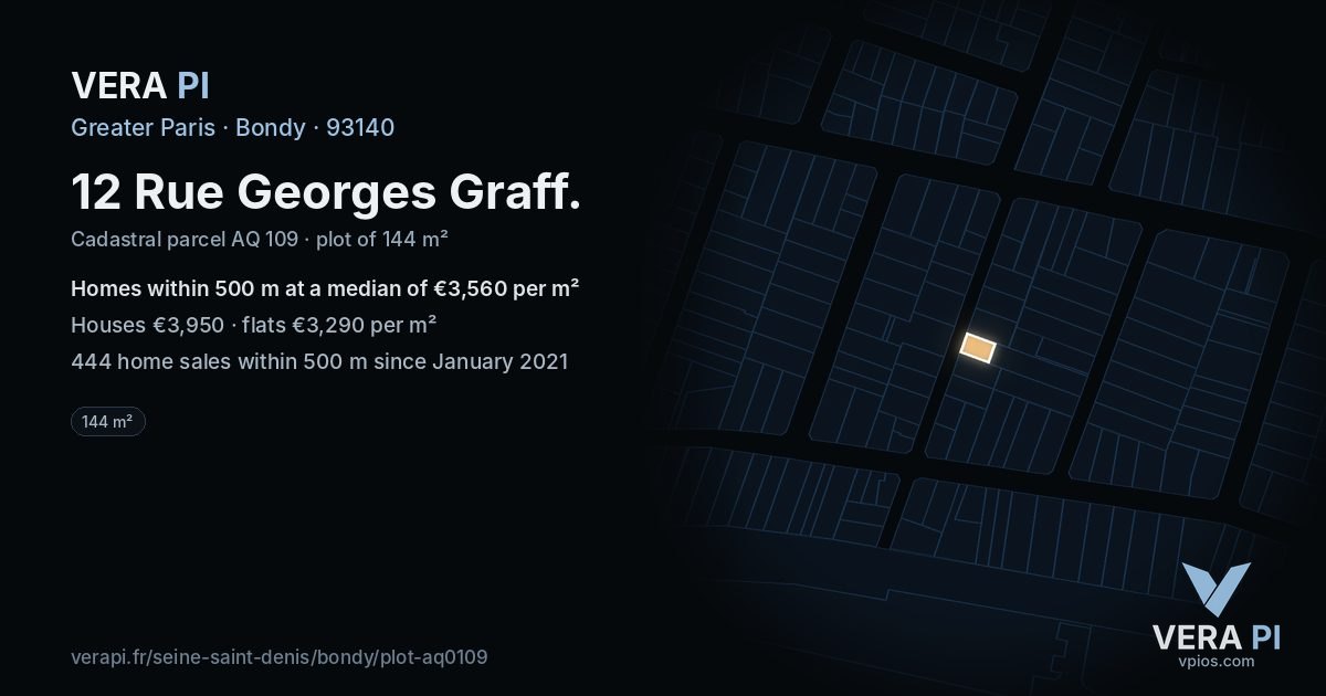 12 Rue Georges Graff, Bondy at night – the plot lit, the parcels around coloured by the prices near them