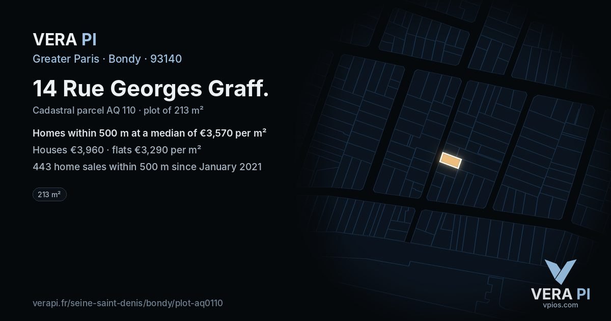14 Rue Georges Graff, Bondy at night – the plot lit, the parcels around coloured by the prices near them