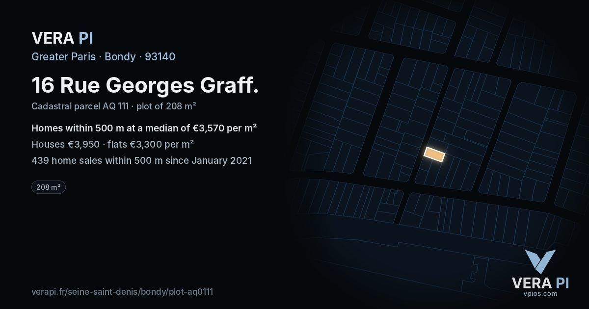 16 Rue Georges Graff, Bondy at night – the plot lit, the parcels around coloured by the prices near them