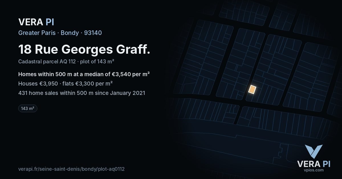 18 Rue Georges Graff, Bondy at night – the plot lit, the parcels around coloured by the prices near them