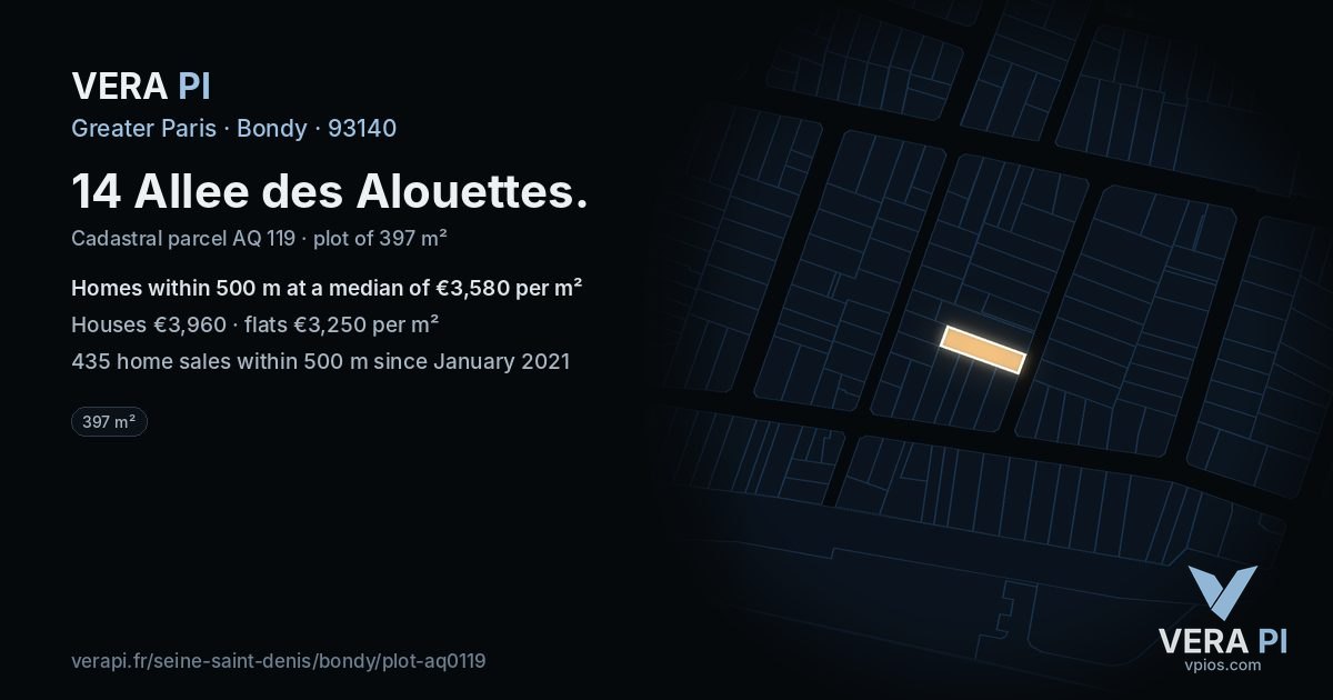14 Allee des Alouettes, Bondy at night – the plot lit, the parcels around coloured by the prices near them