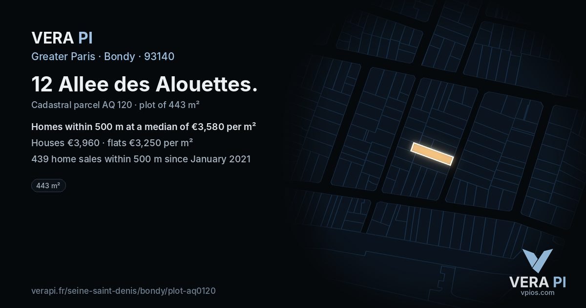 12 Allee des Alouettes, Bondy at night – the plot lit, the parcels around coloured by the prices near them