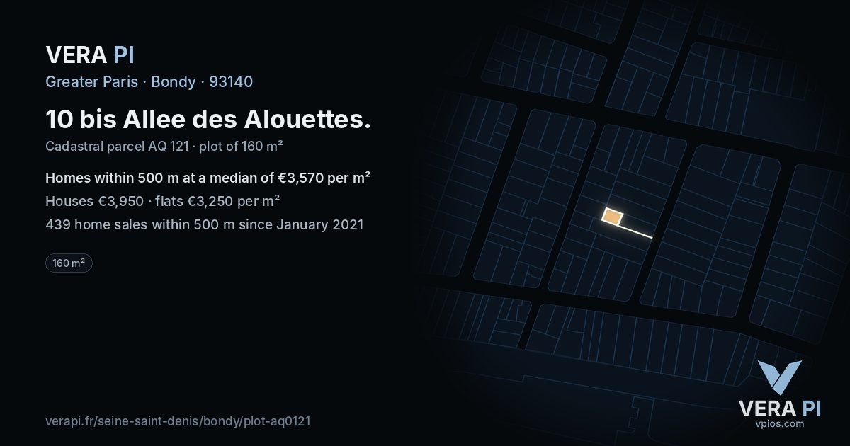 10 bis Allee des Alouettes, Bondy at night – the plot lit, the parcels around coloured by the prices near them