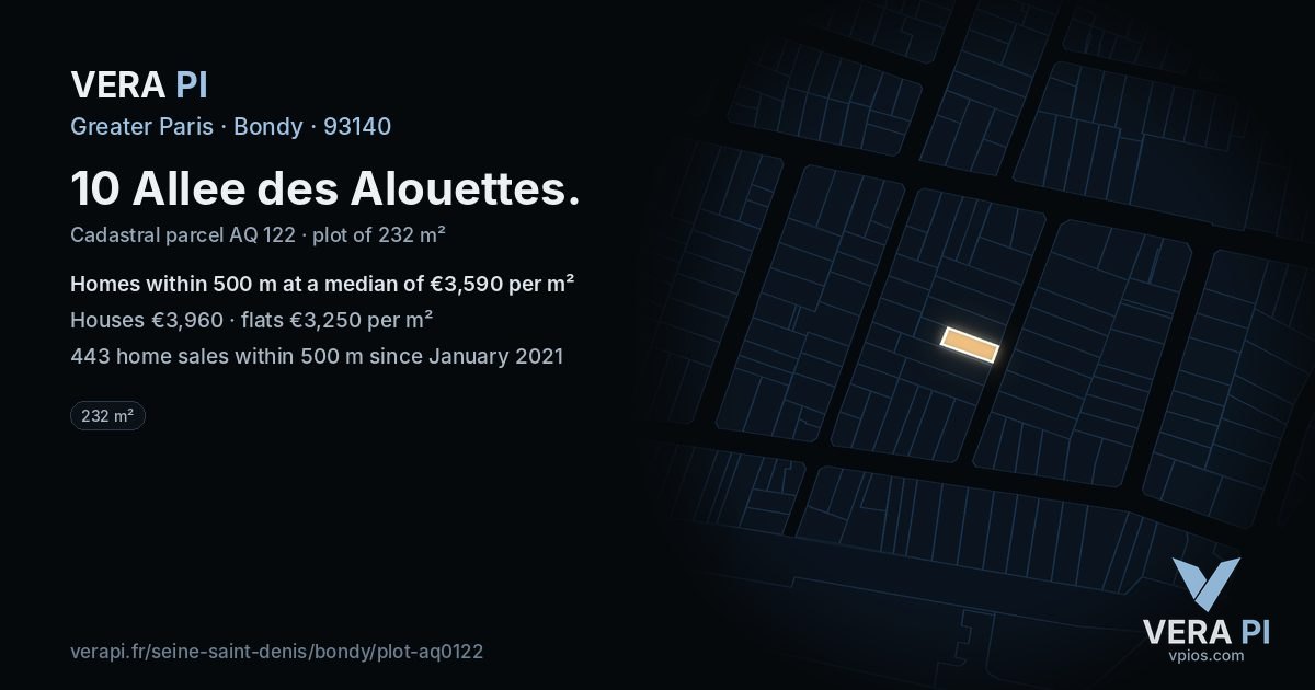 10 Allee des Alouettes, Bondy at night – the plot lit, the parcels around coloured by the prices near them