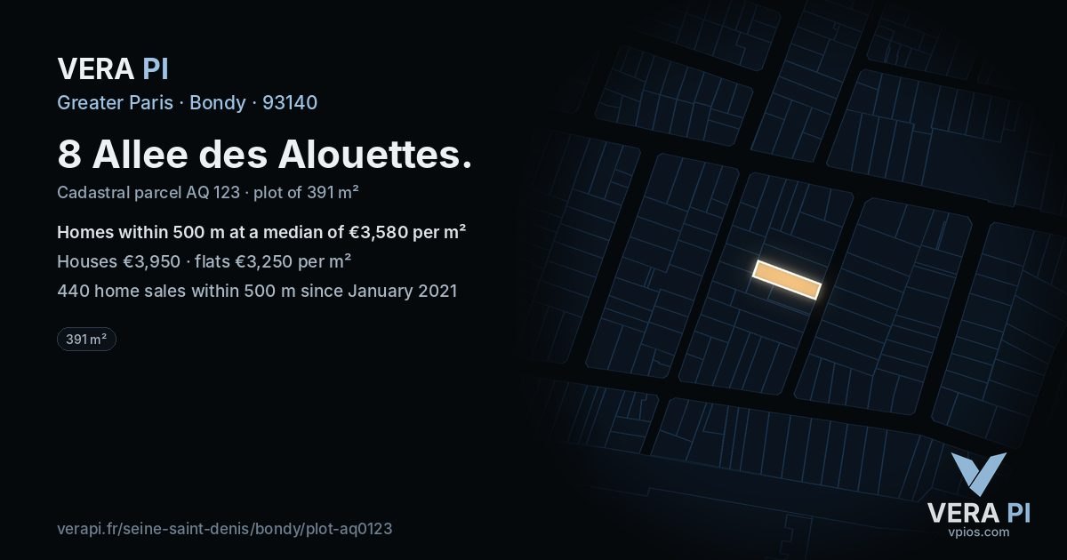 8 Allee des Alouettes, Bondy at night – the plot lit, the parcels around coloured by the prices near them