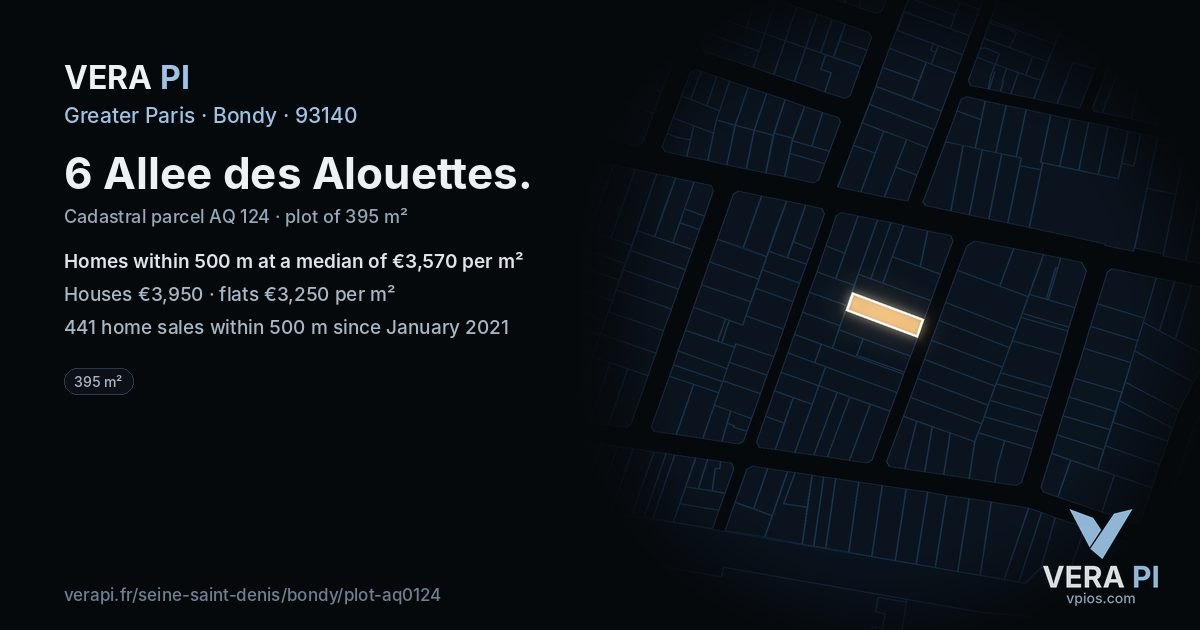 6 Allee des Alouettes, Bondy at night – the plot lit, the parcels around coloured by the prices near them