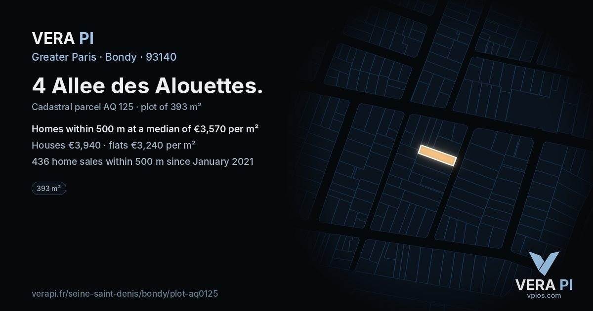 4 Allee des Alouettes, Bondy at night – the plot lit, the parcels around coloured by the prices near them