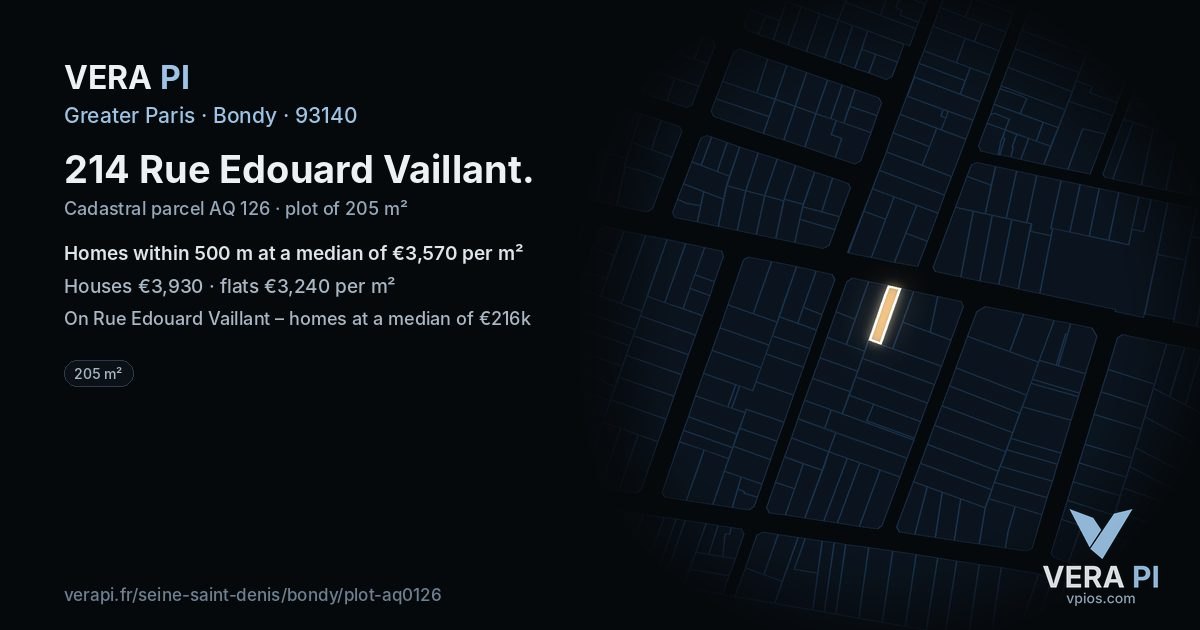 214 Rue Edouard Vaillant, Bondy at night – the plot lit, the parcels around coloured by the prices near them