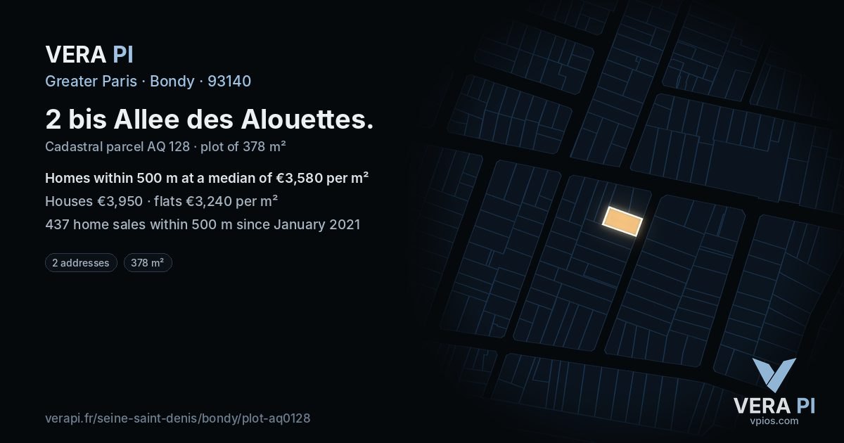 2 bis Allee des Alouettes, Bondy at night – the plot lit, the parcels around coloured by the prices near them